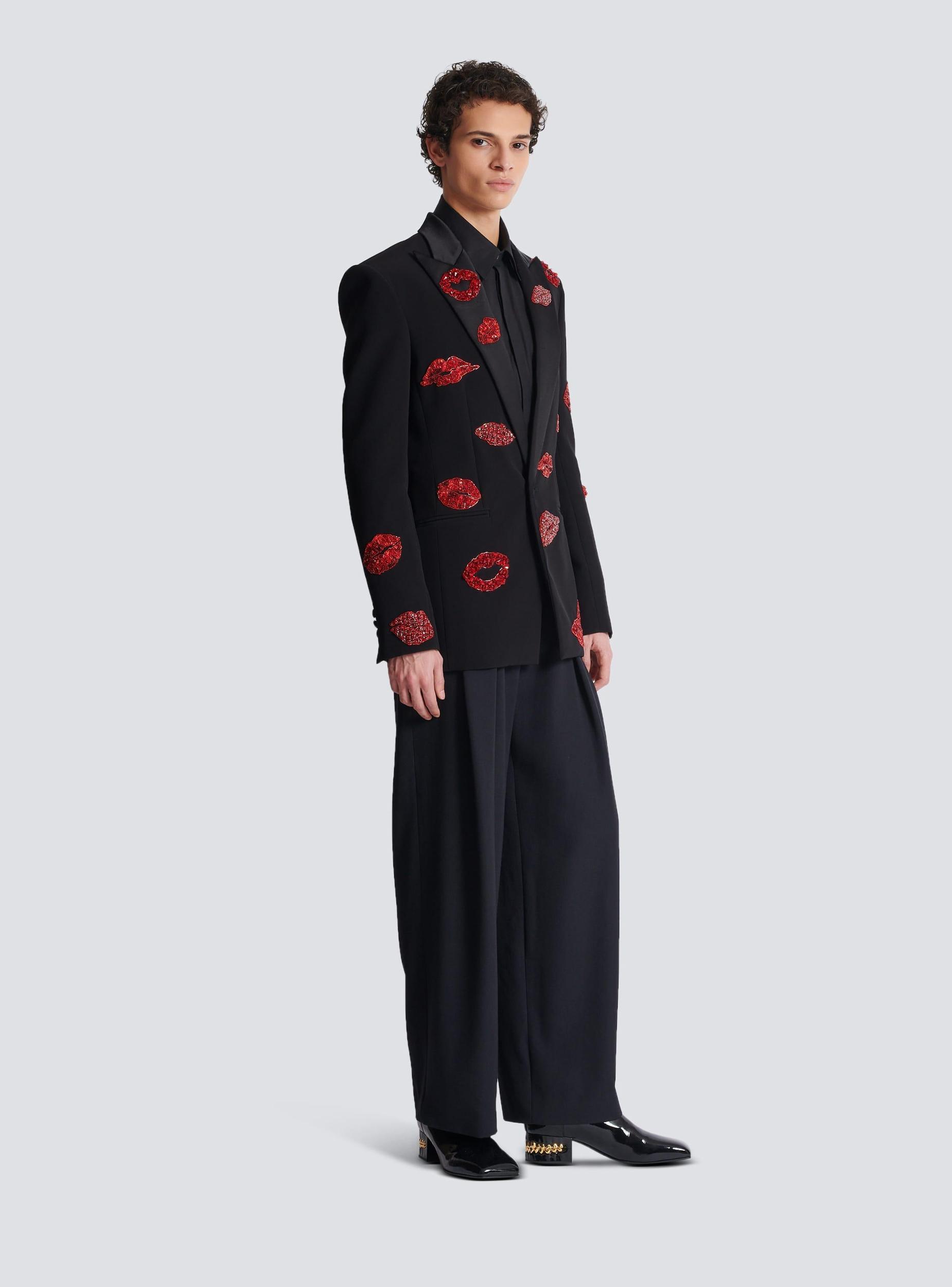 Crepe 1-button jacket with Kiss embroidery Product Image