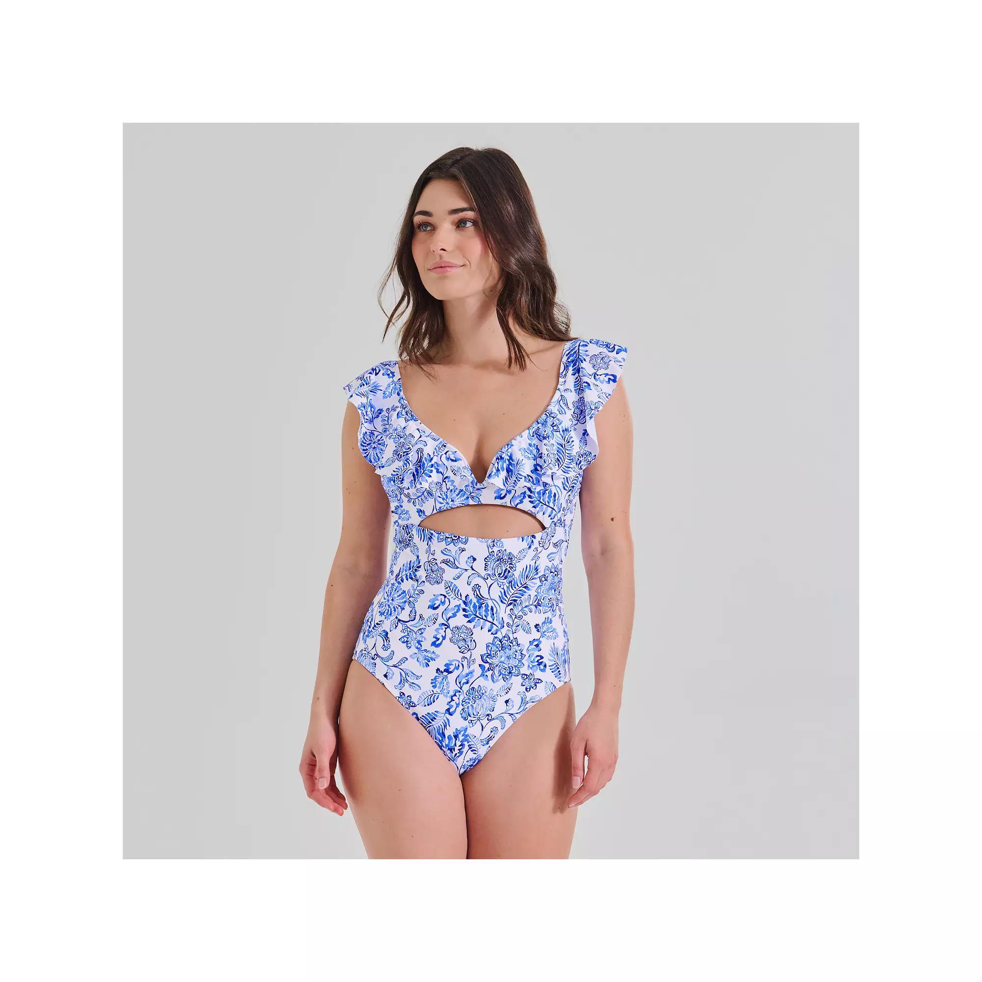 Women's Freshwater Ruffle V Wire One-Piece Swimsuit, Size: XXL, Oia Floral Product Image