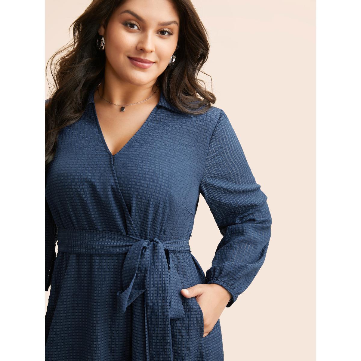 Plus Size Overlap Collar Plain Textured Midi Dress DarkBlue Women Elegant Texture Overlap Collar Long Sleeve Curvy BloomChic 12/L Product Image
