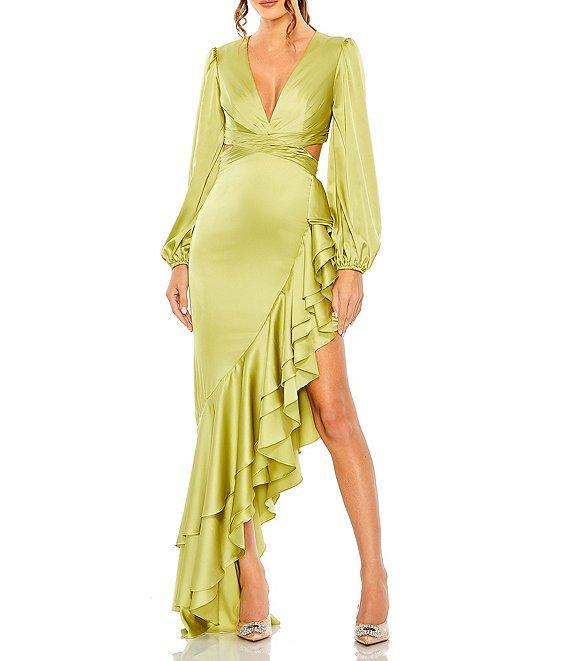 Mac Duggal Satin Deep V-Neck Long Balloon Sleeve Cut-Out Side Tiered Ruffle Asymmetrical Hemline Gown Product Image