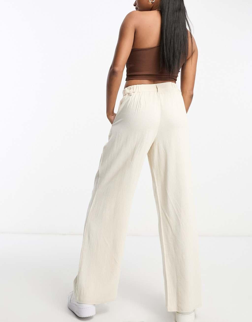ASOS DESIGN Petite wide leg dad pants with linen in stone  Product Image