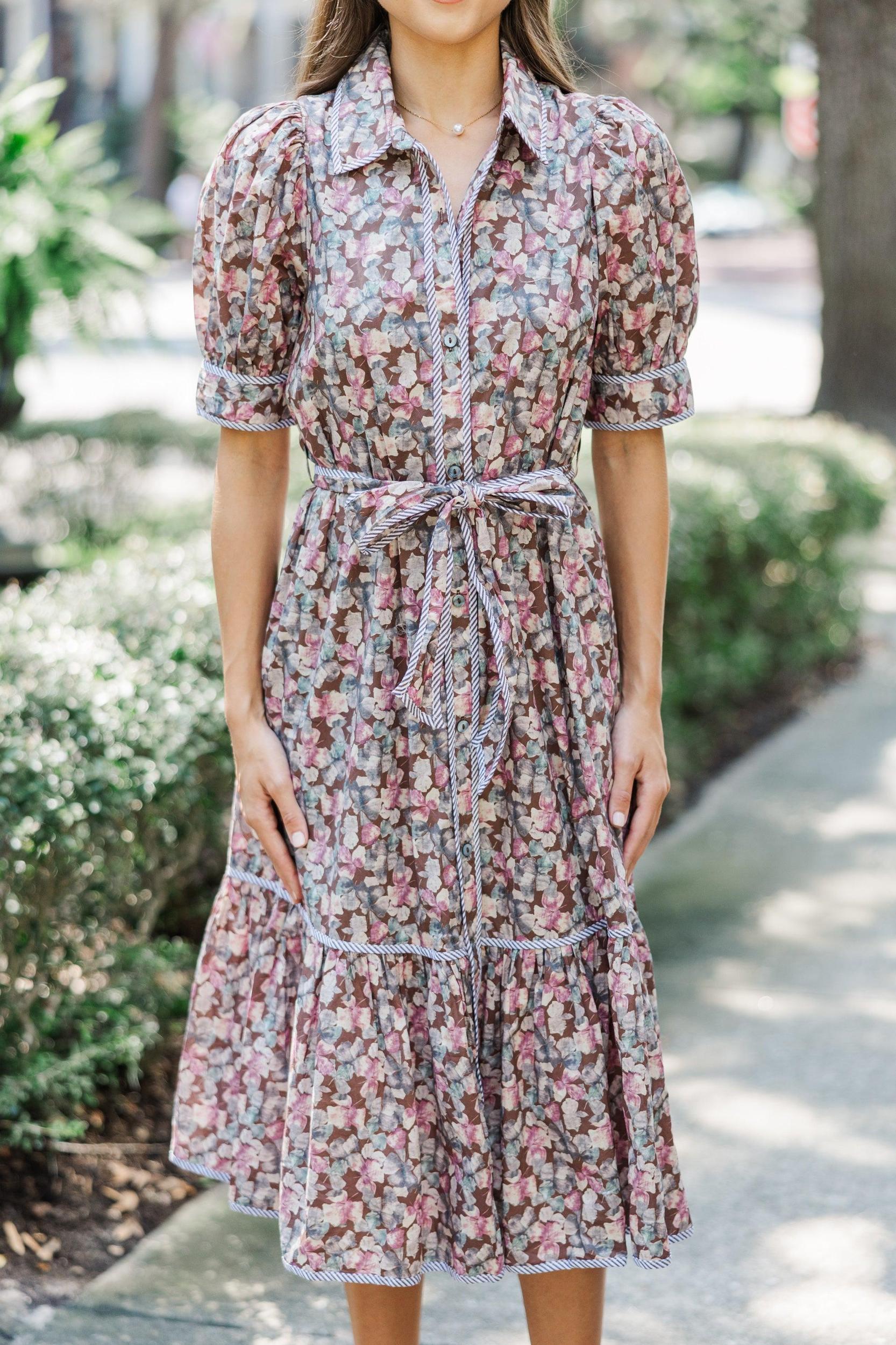 Be With Me Brown Ditsy Floral Midi Dress Female Product Image