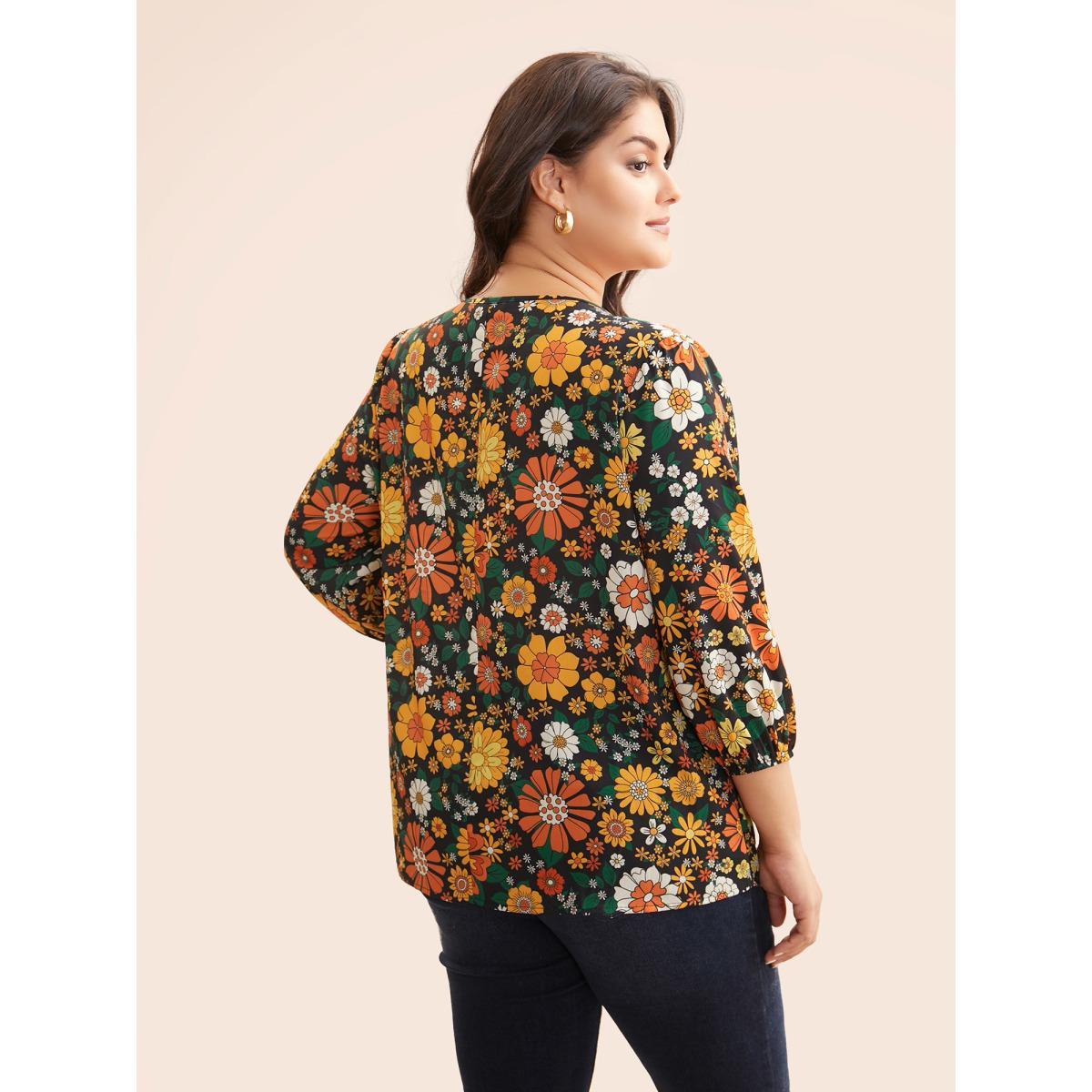 Plus Size Multicolor Natural Flowers Lantern Sleeve Pleated Blouse Women Elegant Elbow-length sleeve Flat collar with V-notch Everyday Blouses BloomChic 12/L Product Image