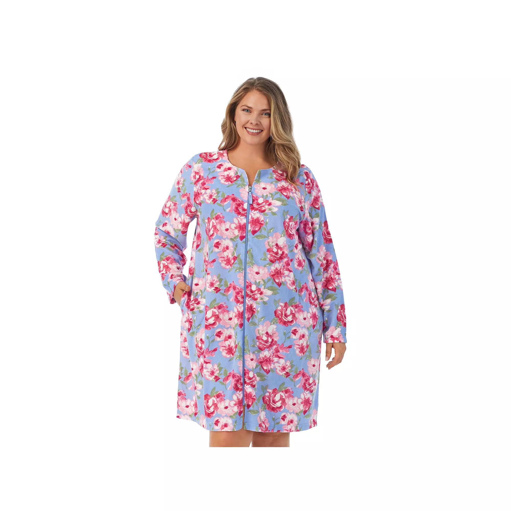 Plus Size Stan Herman Floral Vintage Terry Zip-Front Robe, Women's, Size: 2XL, Gray Palm Product Image