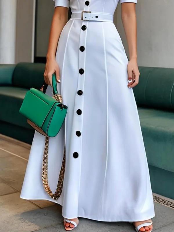 Puff Sleeves Short Sleeves Belted Buttoned Solid Color Lapel Maxi Dresses Shirt Dress Product Image