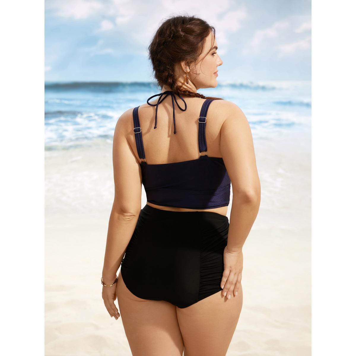 Plus Size Solid V Neck Tie Knot Adjustable Straps Swim Top Women's Swimwear Indigo Beach Tie knot High stretch Skinny V-neck Curve Swim Tops BloomChic 12/L Product Image