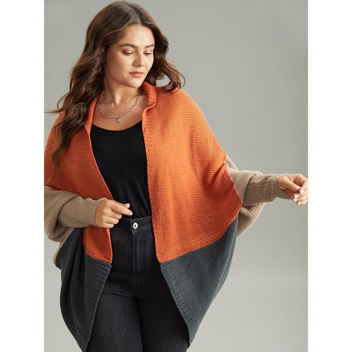 Plus Size Colorblock Batwing Sleeve Patchwork Cardigan Multicolor Women Casual Loose Long Sleeve Everyday Cardigans BloomChic 12/L Product Image