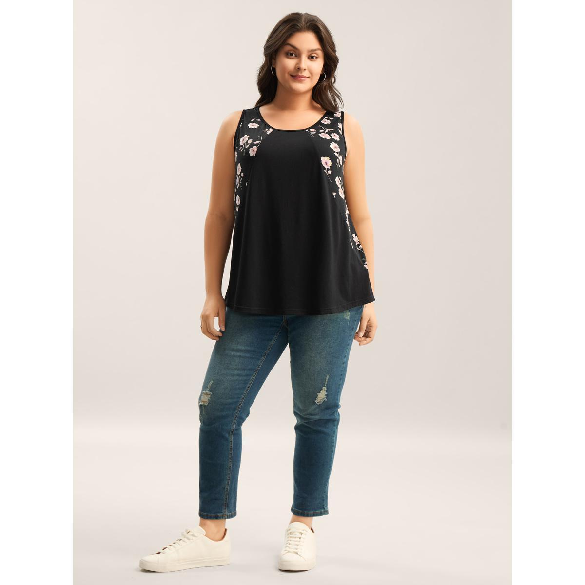 Plus Size Floral Print Spliced Curvy Tank Top Women Black Patchwork Round Neck Everyday-Casual Tank Tops Camis BloomChic 22-24/3X Product Image