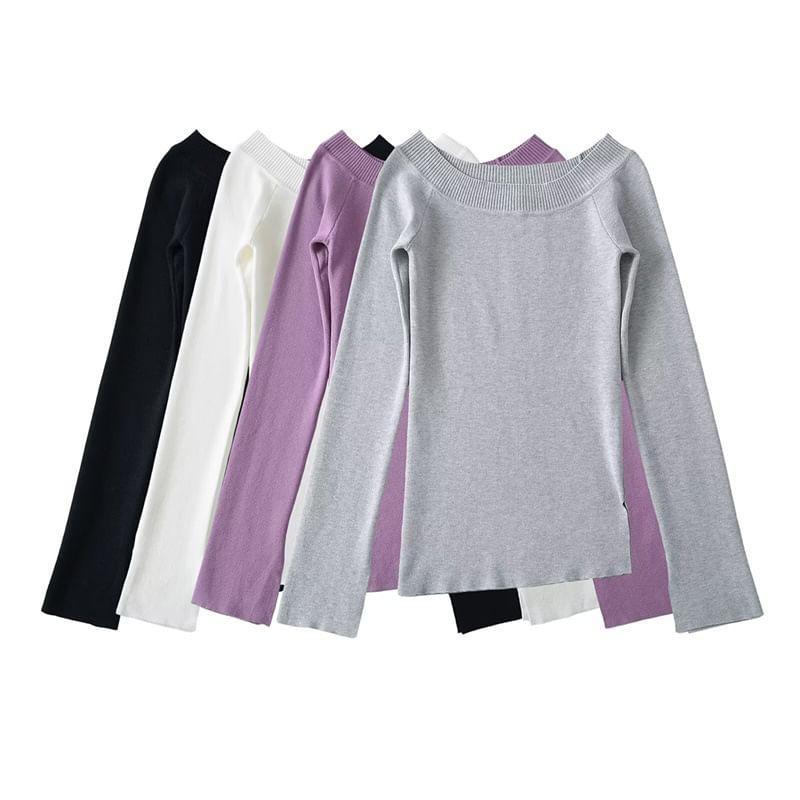 One-Shoulder Plain Side-Slit Sweater Product Image