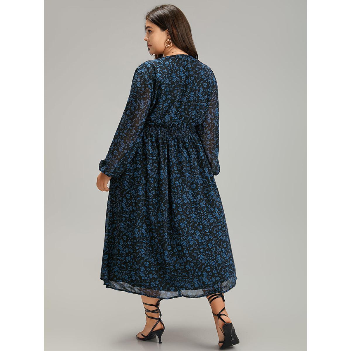 Plus Size Chiffon Ditsy Floral Pocket Shirred Cuffs Dress Black Women Elegant Elastic cuffs V-neck Long Sleeve Curvy Midi Dress BloomChic 10/M Product Image