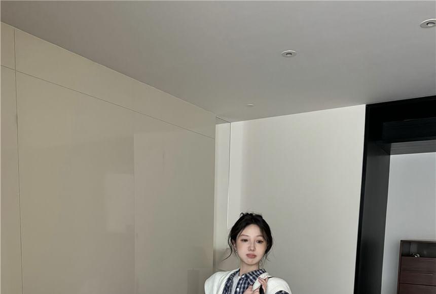Long-Sleeve Plain Tee / Plaid Button-Up Crop Shirt / High Waist Zipped Mini A-Line Skirt / Shawl Product Image