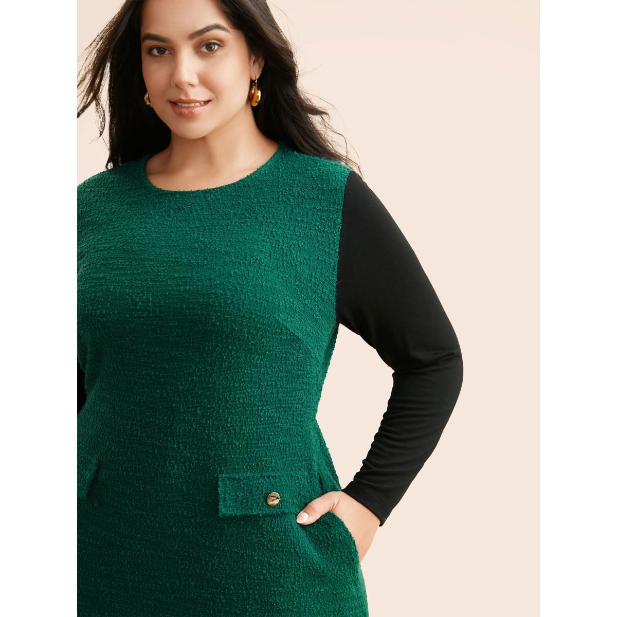 Plus Size Textured Patchwork Flap Detail Dress DarkGreen Women Elegant Texture Round Neck Long Sleeve Curvy BloomChic 30/6X Product Image