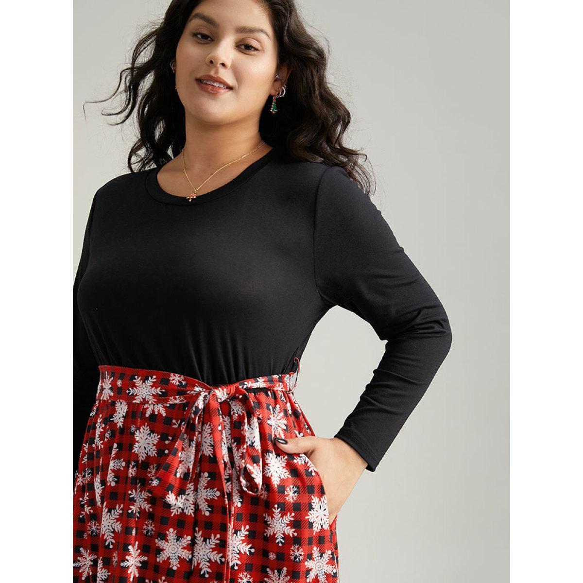 Plus Size Snowflake Print Belted Long Sleeve Dress Raspberry Women Elegant Belted Round Neck Long Sleeve Curvy Midi Dress BloomChic 18-20/2X Product Image