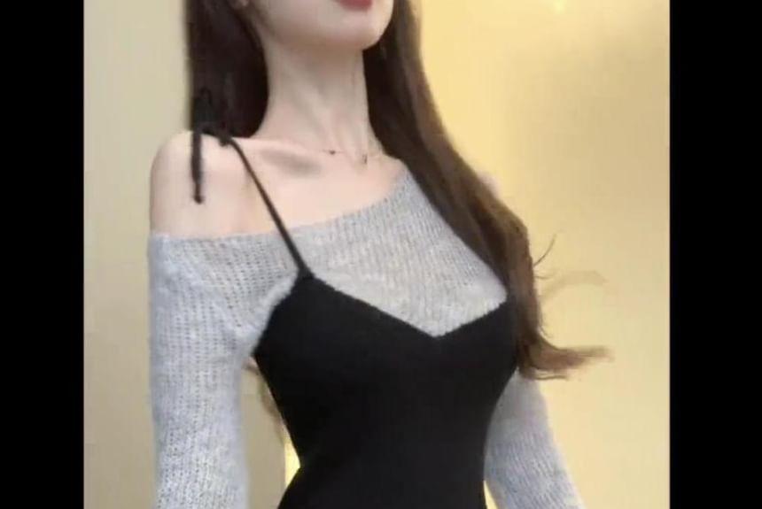 Flared-Sleeve Cold-Shoulder Two Tone Mock Two-Piece Knit Mini Sheath Dress Product Image