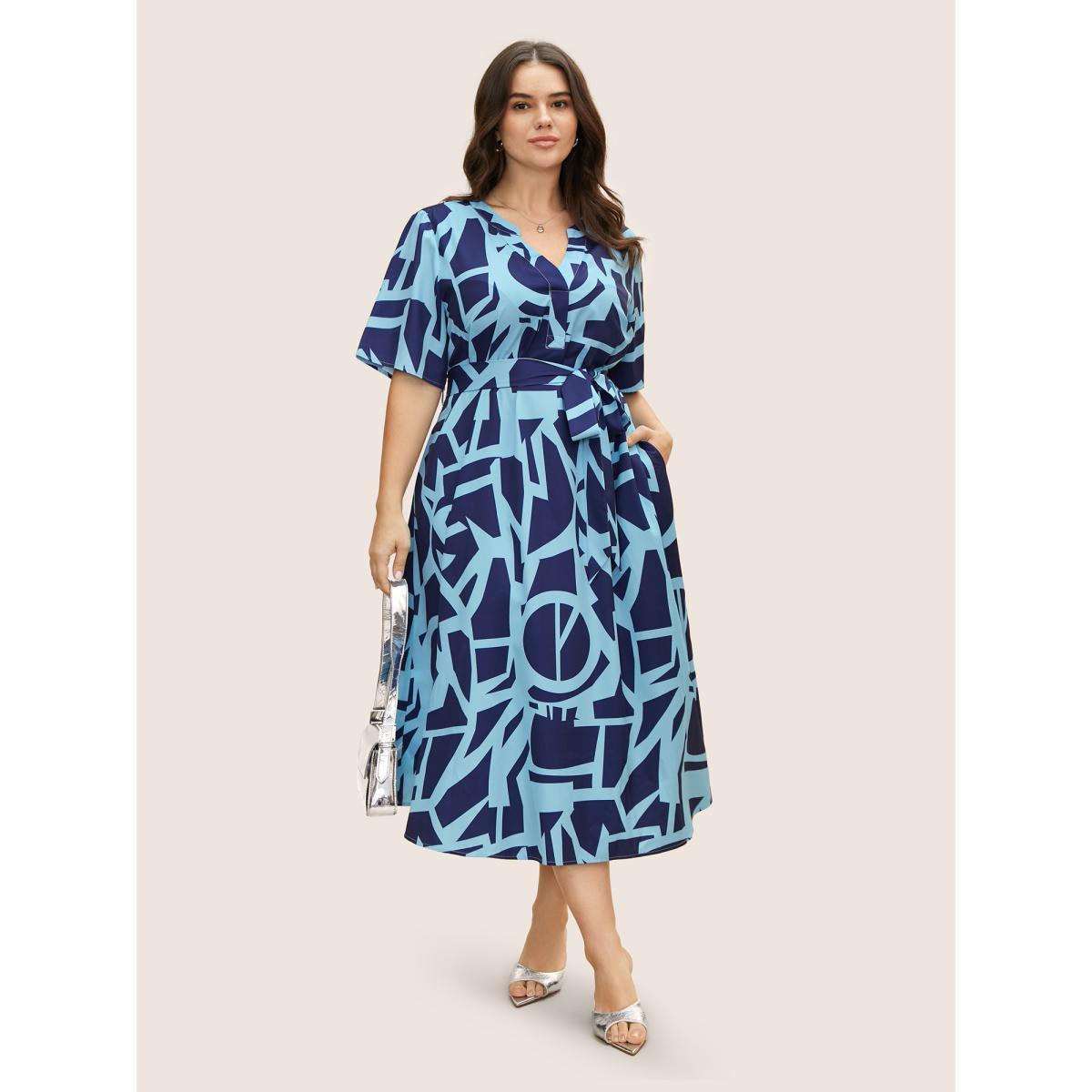 Plus Size Geometric Notched Belted Pocket Midi Dress Navy Women At the Office Belted Flat collar with V-notch Short sleeve Curvy BloomChic 14-16/1X Product Image