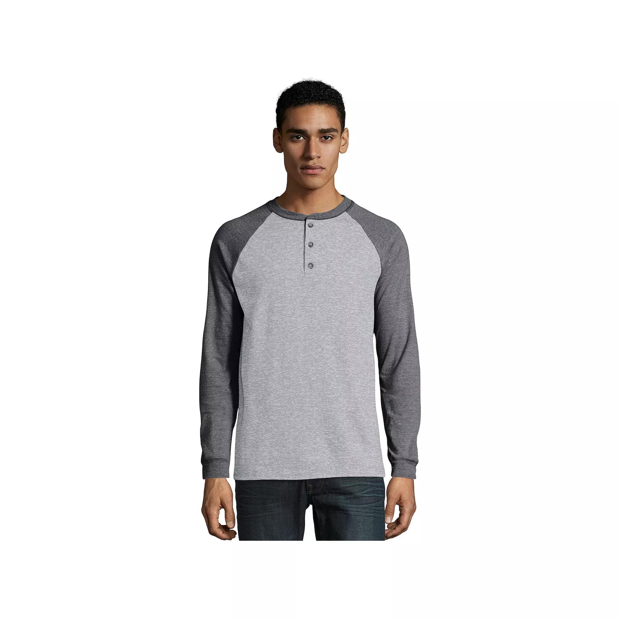Men's Hanes® Beefy Heavyweight Colorblock Raglan Henley, Size: Small, Oxford Gray Grey Product Image