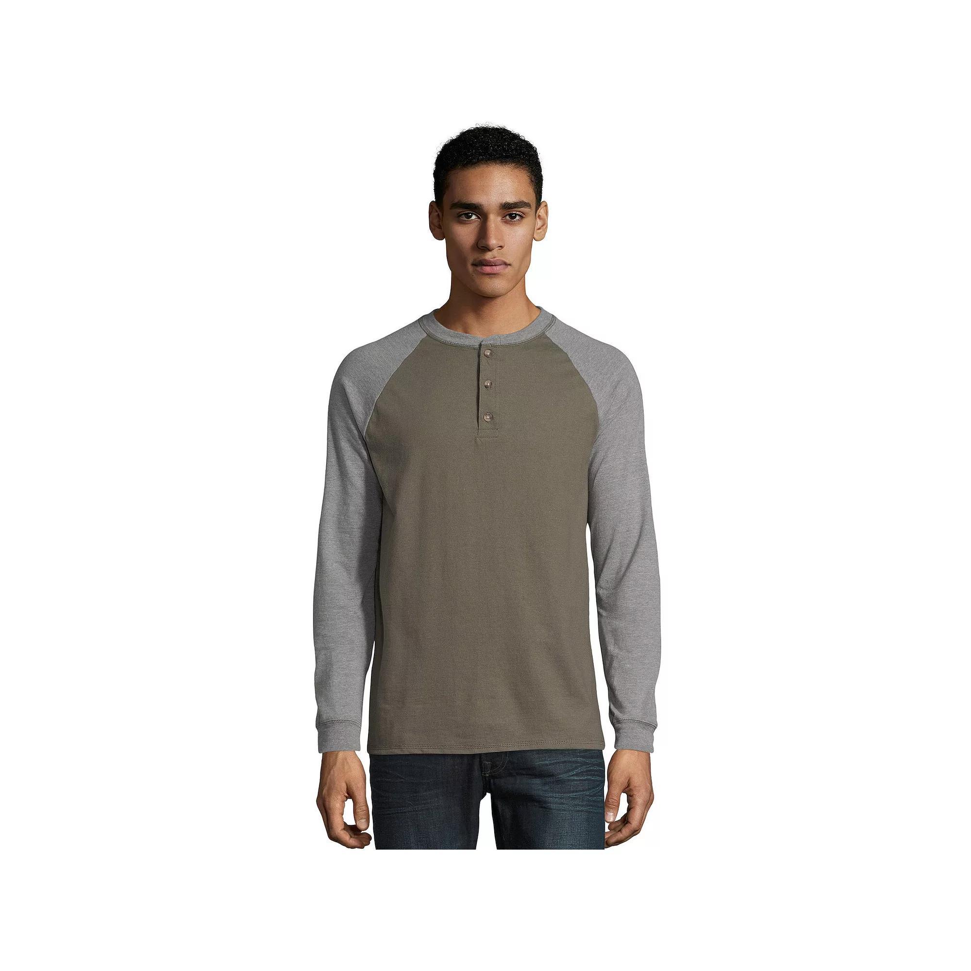 Men's Hanes® Beefy Heavyweight Colorblock Raglan Henley, Size: Small, Oxford Gray Grey Product Image