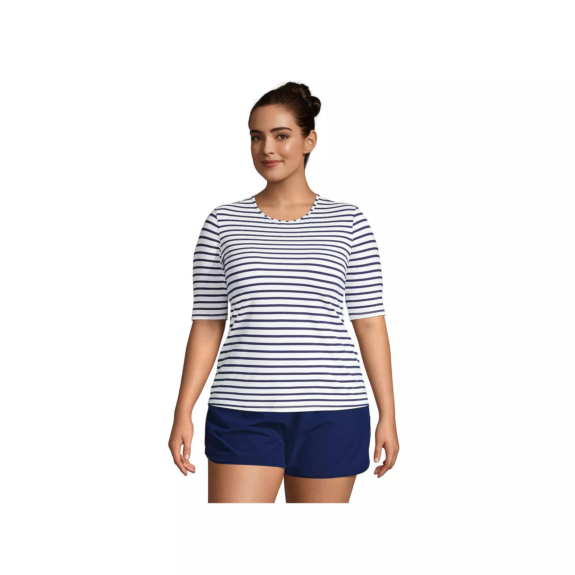 Women's Lands' End UPF 50 Elbow-Sleeve Rash Guard Swim Tee, Size: XL, Red Rose Stripe Product Image