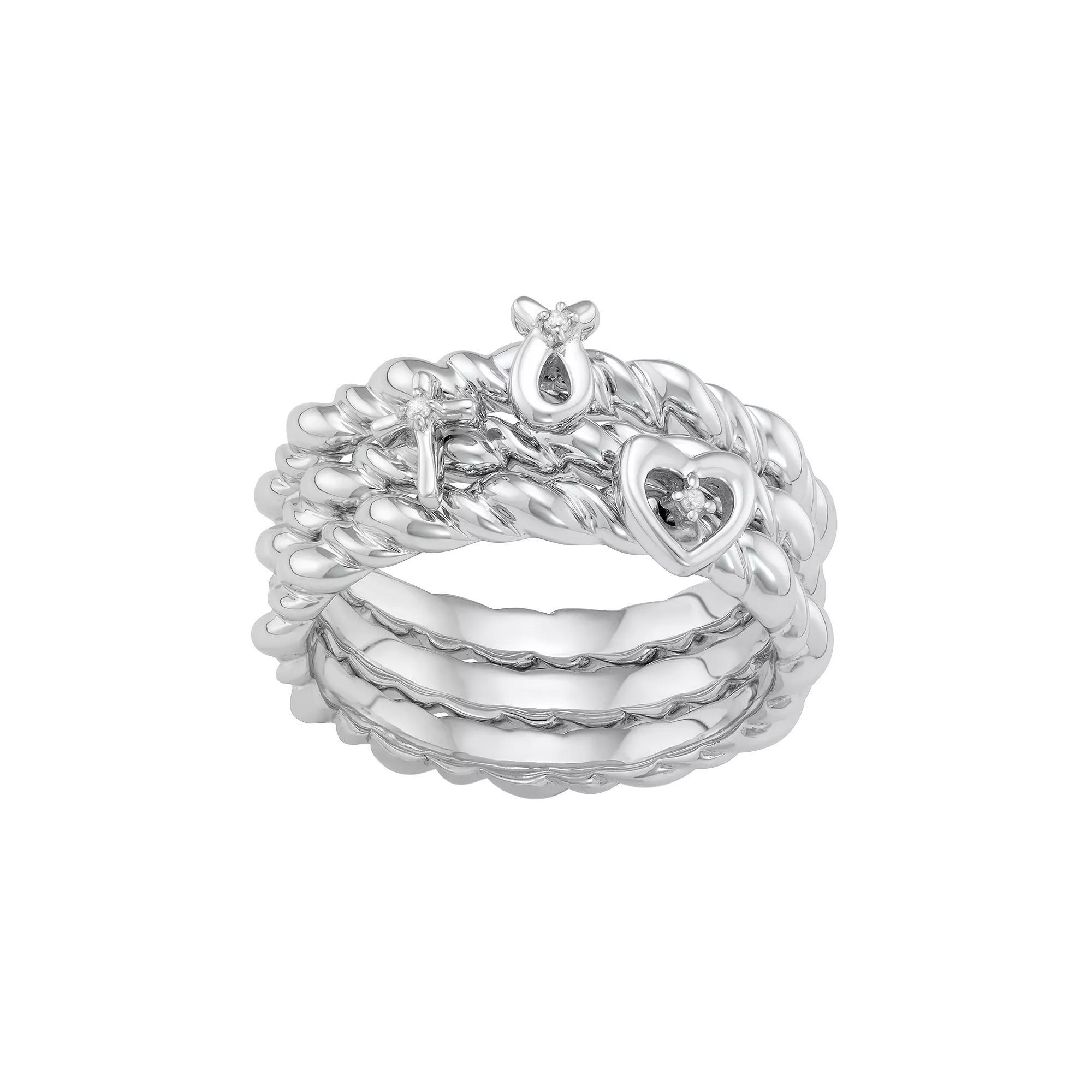 Jewelexcess Sterling Silver Diamond Accent Heart, Cross & Ribbon Stack Ring Set, Women's, Size: 6, Rose Gold Tone Product Image