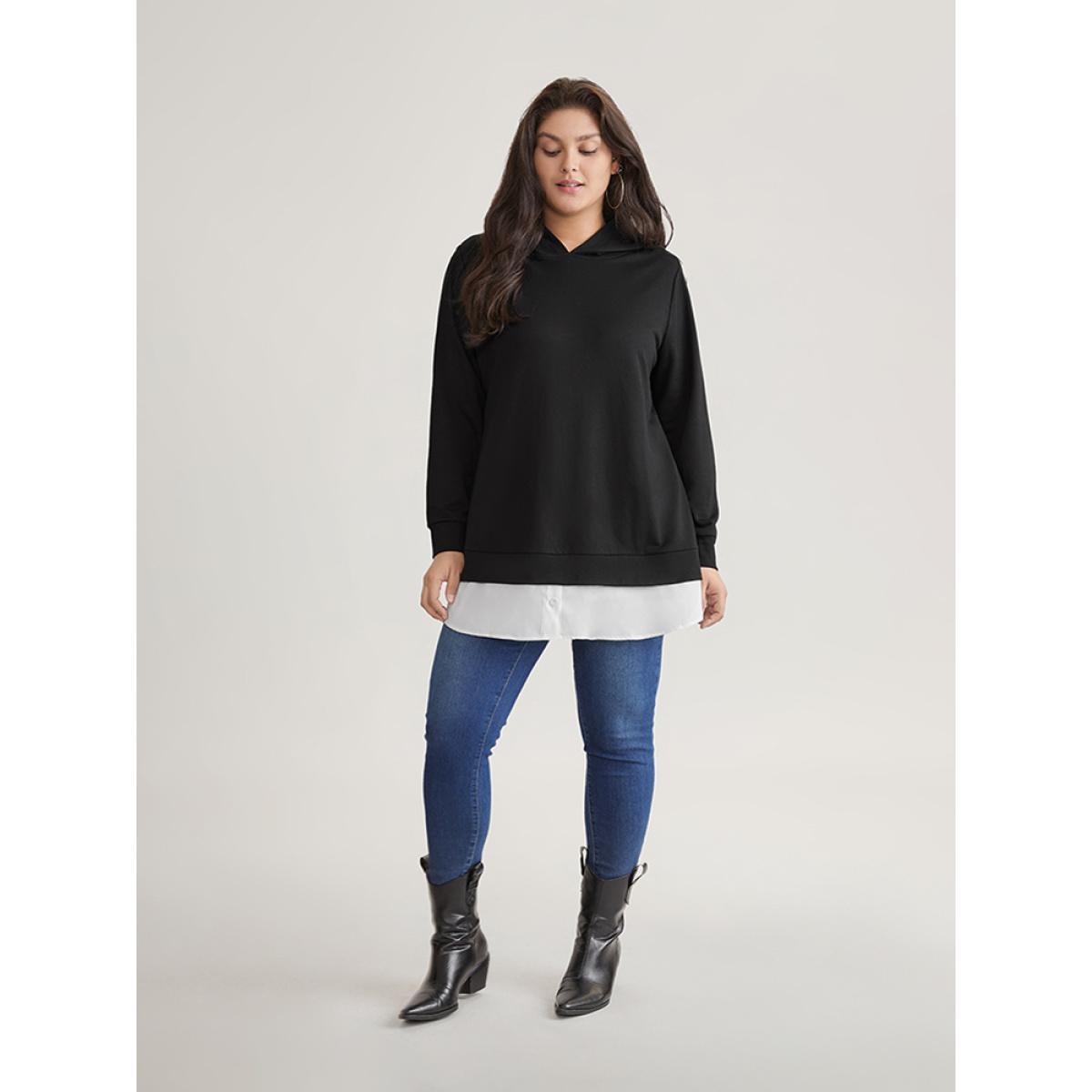 Plus Size 2-In-1 Patchwork Contrast Hooded Sweatshirt Women Black Casual Contrast Hooded Dailywear Sweatshirts BloomChic 12/L Product Image