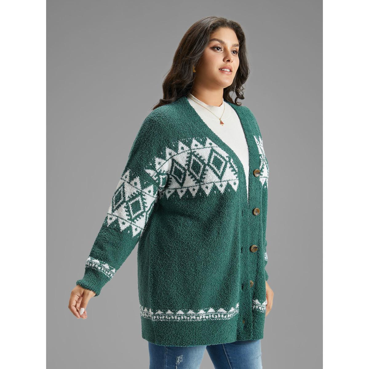Plus Size Fuzzy Geo Graphic Button Fly Cardigan DarkGreen Women Casual Loose Long Sleeve Festival-Christmas Cardigans BloomChic 12/L Product Image