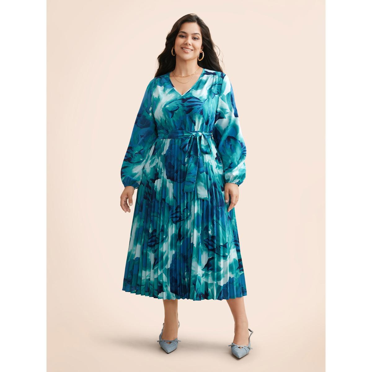 Plus Size Watercolor Floral Pleated Belted Dress DarkBlue Women Elegant Belted V-neck Long Sleeve Curvy BloomChic 30/6X Product Image