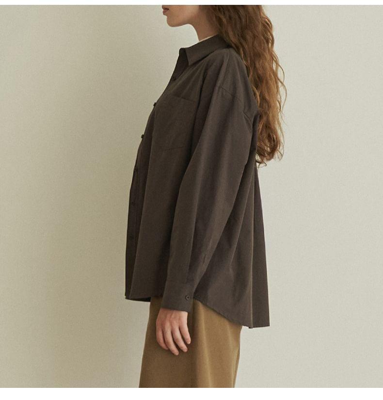 Long Sleeve Collared Plain Button Up Oversized Shirt Product Image