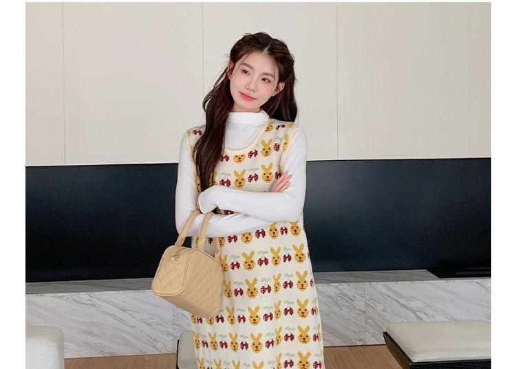Sleeveless Crew Neck Rabbit Print Slit Knit Midi Overall Dress Product Image