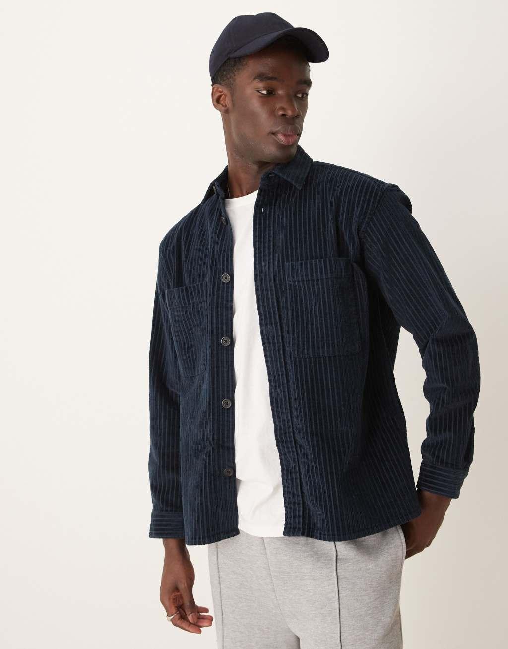 Selected Homme cord overshirt in navy pin stripe Product Image