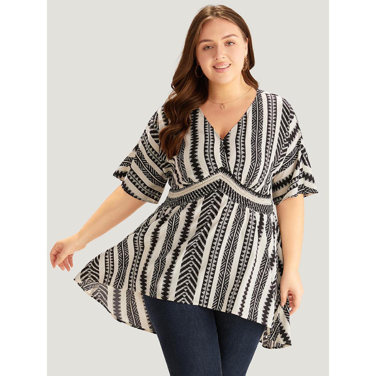 Plus Size White Bandana Print High Low Hem Patchwork Blouse Women Elegant Short sleeve Deep V-neck Vacation Blouses BloomChic 30/6X Product Image