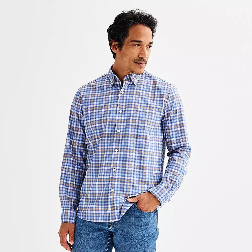 Men's Sonoma Goods For Life® Long Sleeve Performance Button-Down Shirt, Size: XXL, Blue Check Plaid Product Image