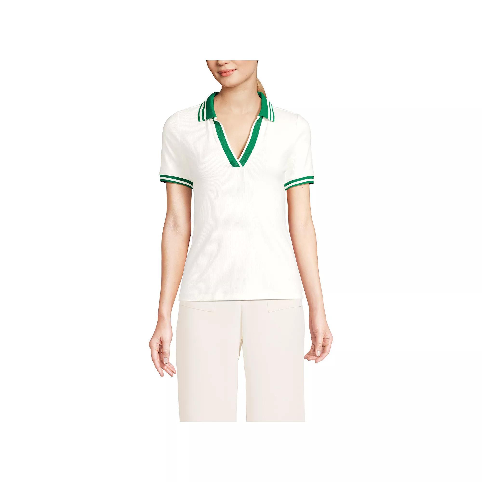 Petite Lands' End Short Sleeve Polished Rib Polo, Women's, Size: XS Petite, Ivory Vibrant Green Product Image