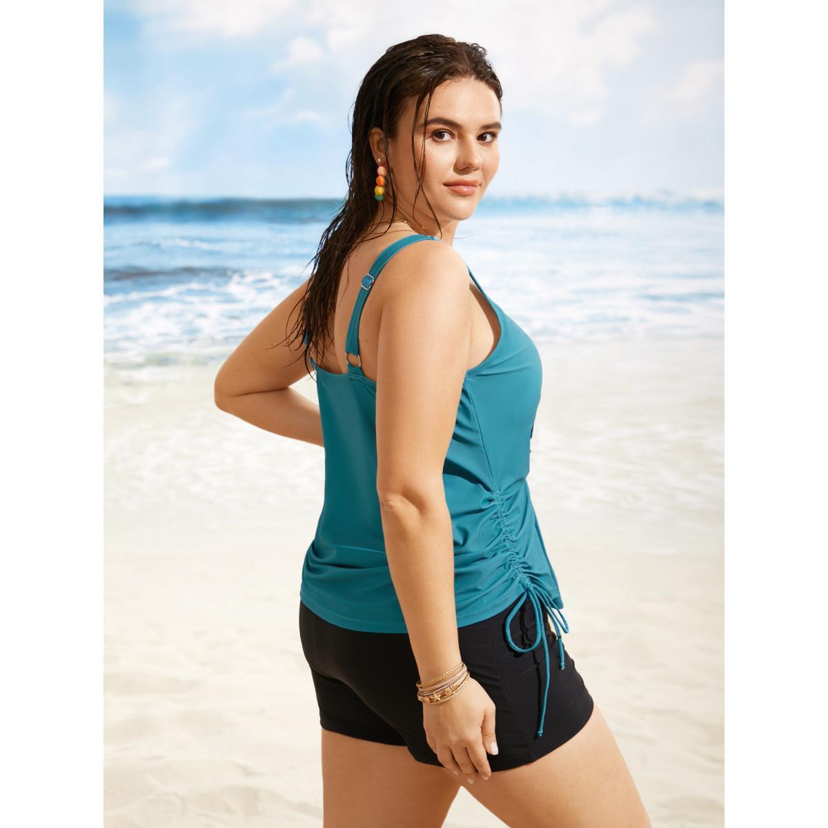 Plus Size Island Print Drawstring Adjustable Swim Top Women's Swimwear Teal Beach Contrast High stretch Loose U-neck Curve Swim Tops BloomChic 28/5X Product Image