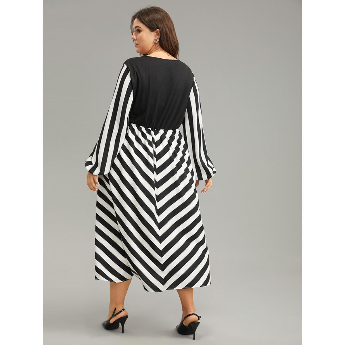 Plus Size Striped Patchwork Elastic Waist Lantern Sleeve Dress Black Women At the Office Elastic cuffs V-neck Long Sleeve Curvy Midi Dress BloomChic 22-24/3X Product Image
