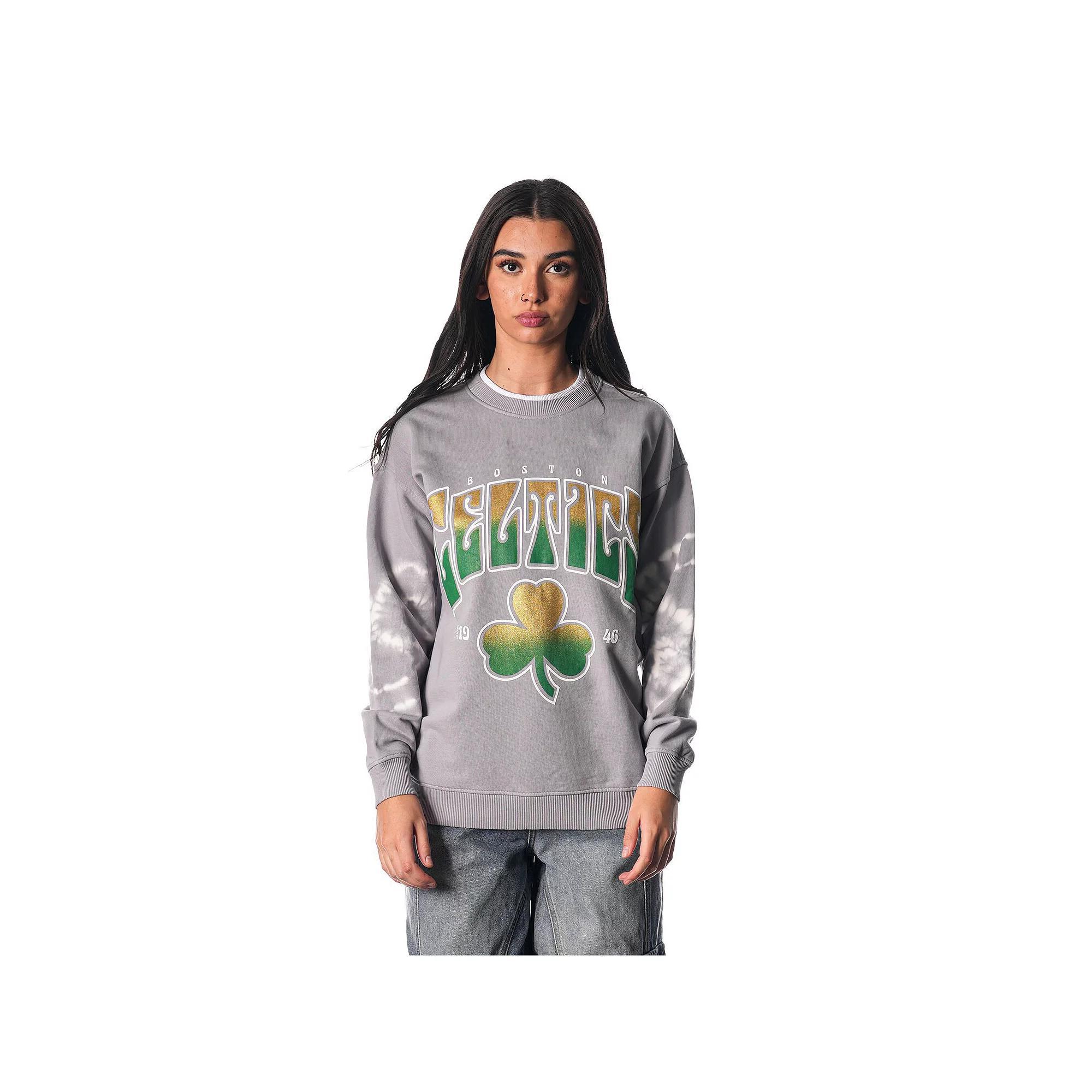 Womens The Wild Collective Heather Gray Boston Celtics Bleached Tie-Dye Pullover Sweatshirt Product Image