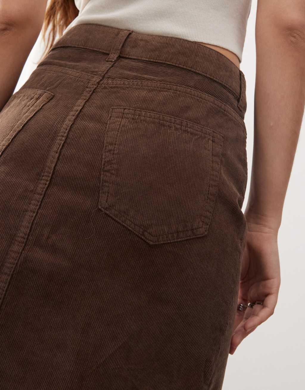 Weekday cord midi skirt with front split in washed brown Product Image