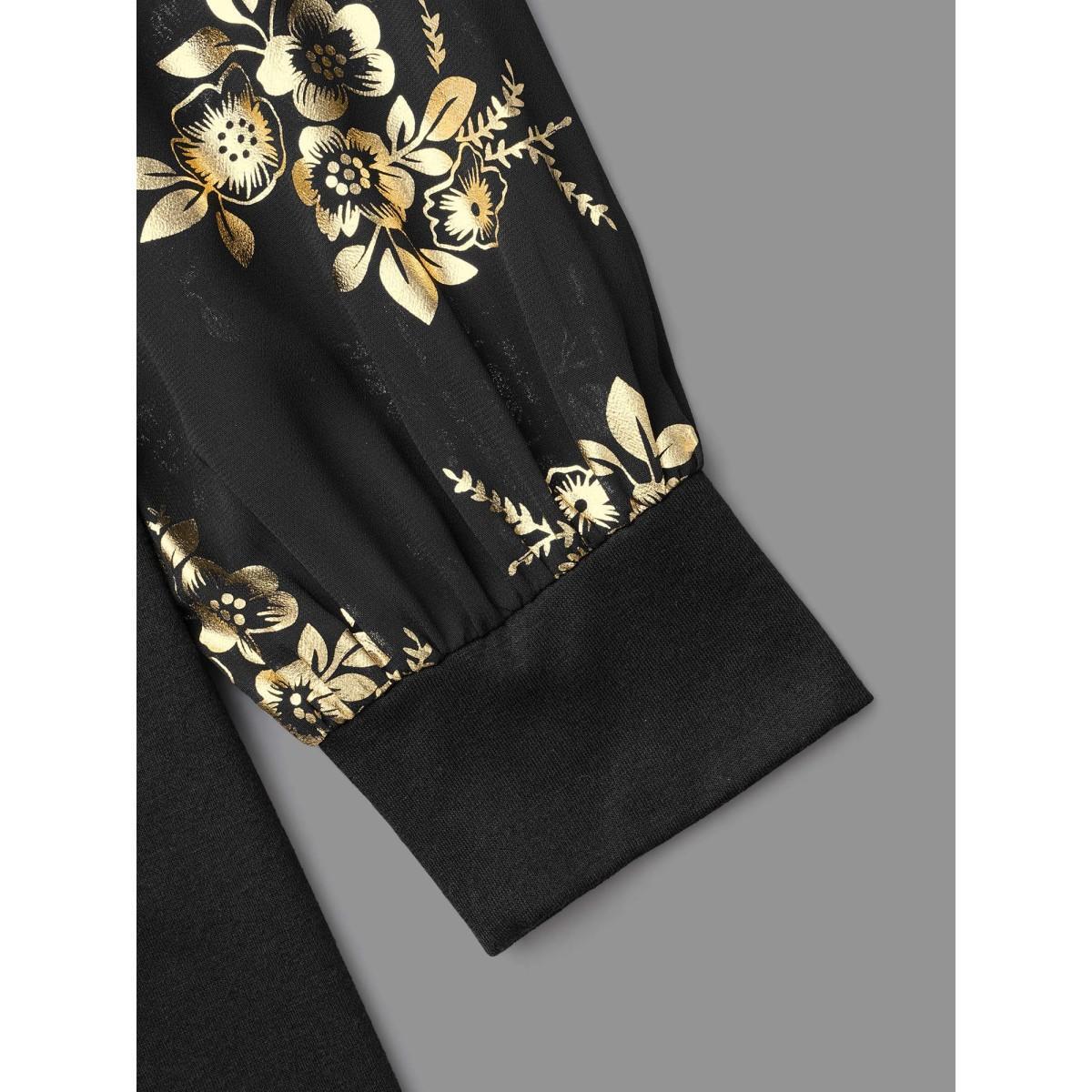 Plus Size Glitter Floral Patchwork Mesh T-shirt Black Women Elegant Contrast Natural Flowers Round Neck Everyday T-shirts BloomChic 18-20/2X Product Image