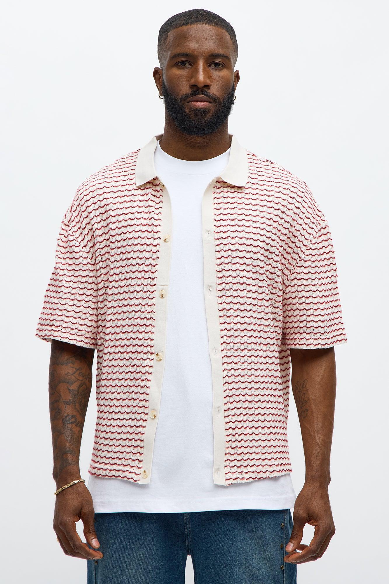 Regular Fit Color Block Button up Sweater Shirt - Cream/combo Product Image