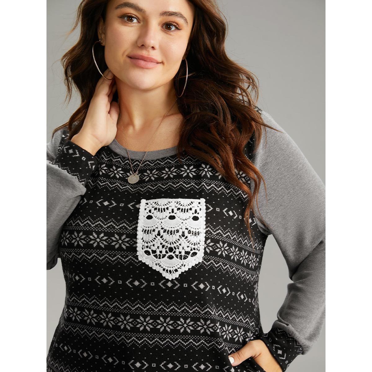 Plus Size Boho Print Patchwork Lace Panel T-shirt Black Women Casual Printed Bohemian Print Round Neck Dailywear T-shirts BloomChic 10/M Product Image
