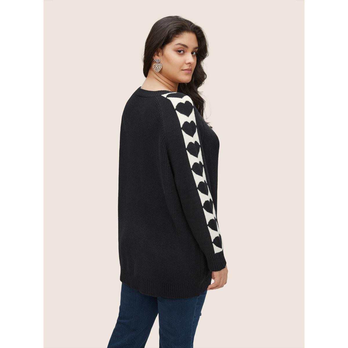 Plus Size Supersoft Essentials Heart Patchwork V Neck Raglan Sleeve Pullover Black Women Casual Loose Long Sleeve V-neck Dailywear Pullovers BloomChic 18-20/2X Product Image