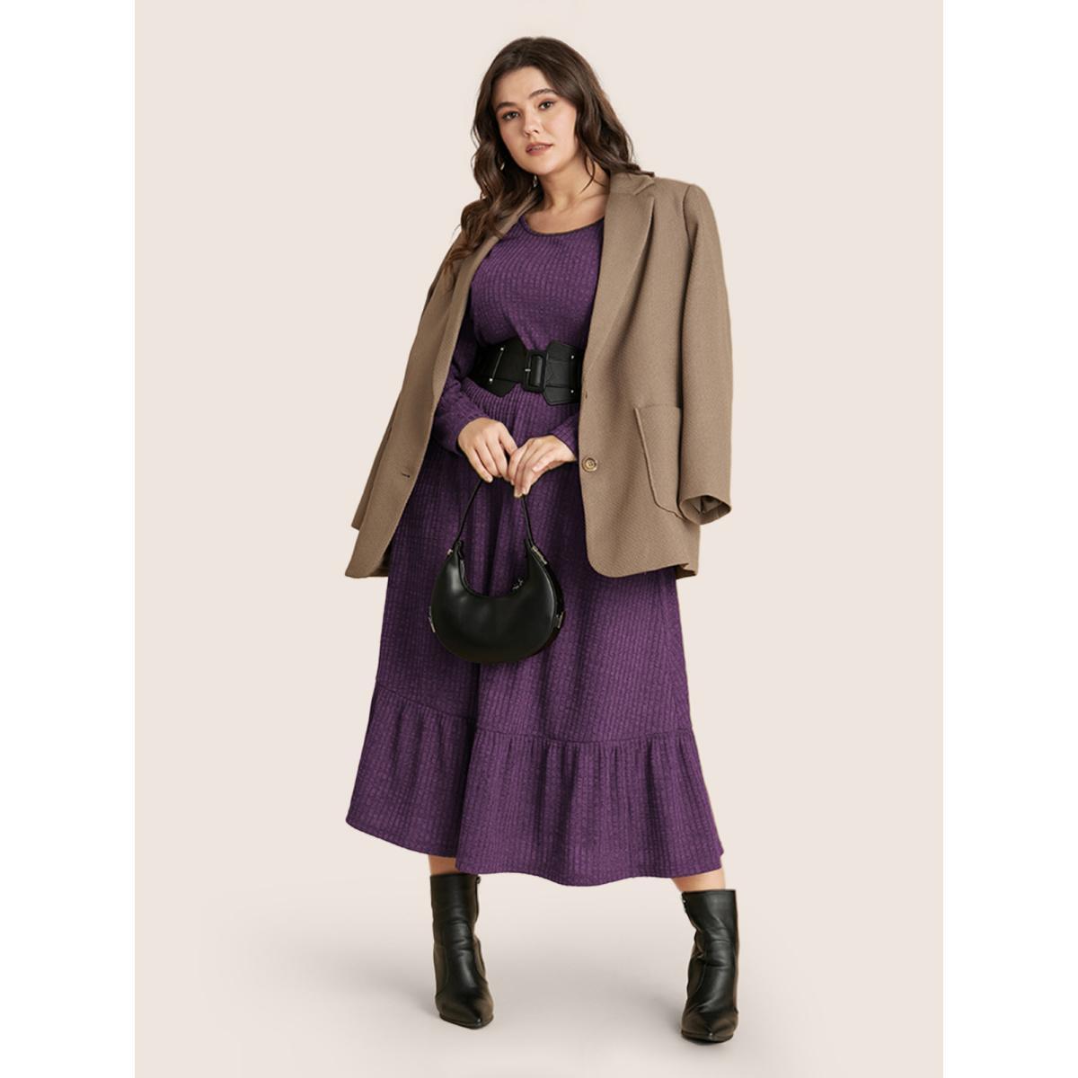 Plus Size Solid Pocket Rib Knit Ruffle Hem Dress Without Belt ArmyGreen Women Basics Non Round Neck Long Sleeve Curvy Midi Dress BloomChic 14-16/1X Product Image
