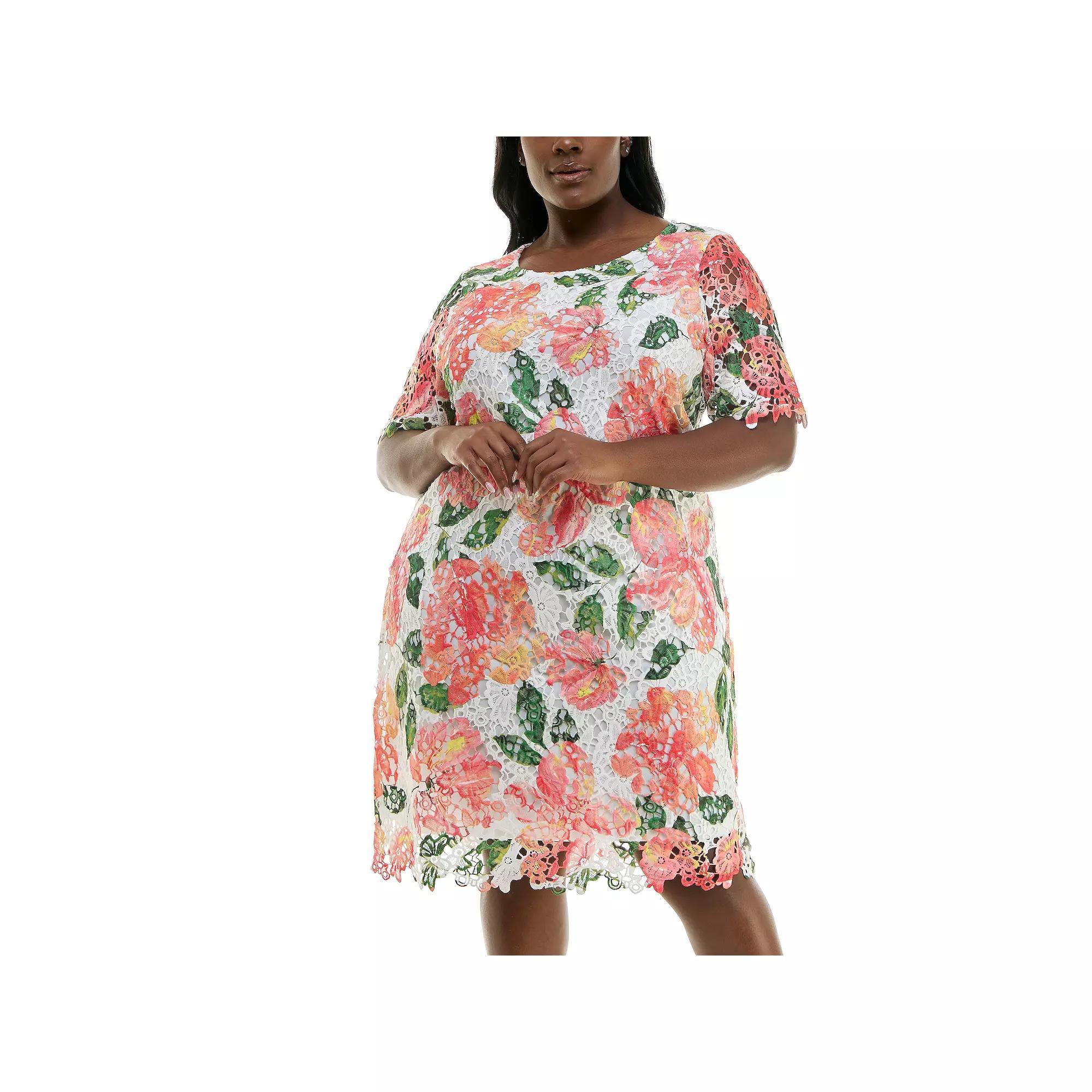 Plus Size Nina Leonard Elbow Sleeve Lace Print Dress, Women's, Size: 2XL, Bright Blue Team Product Image