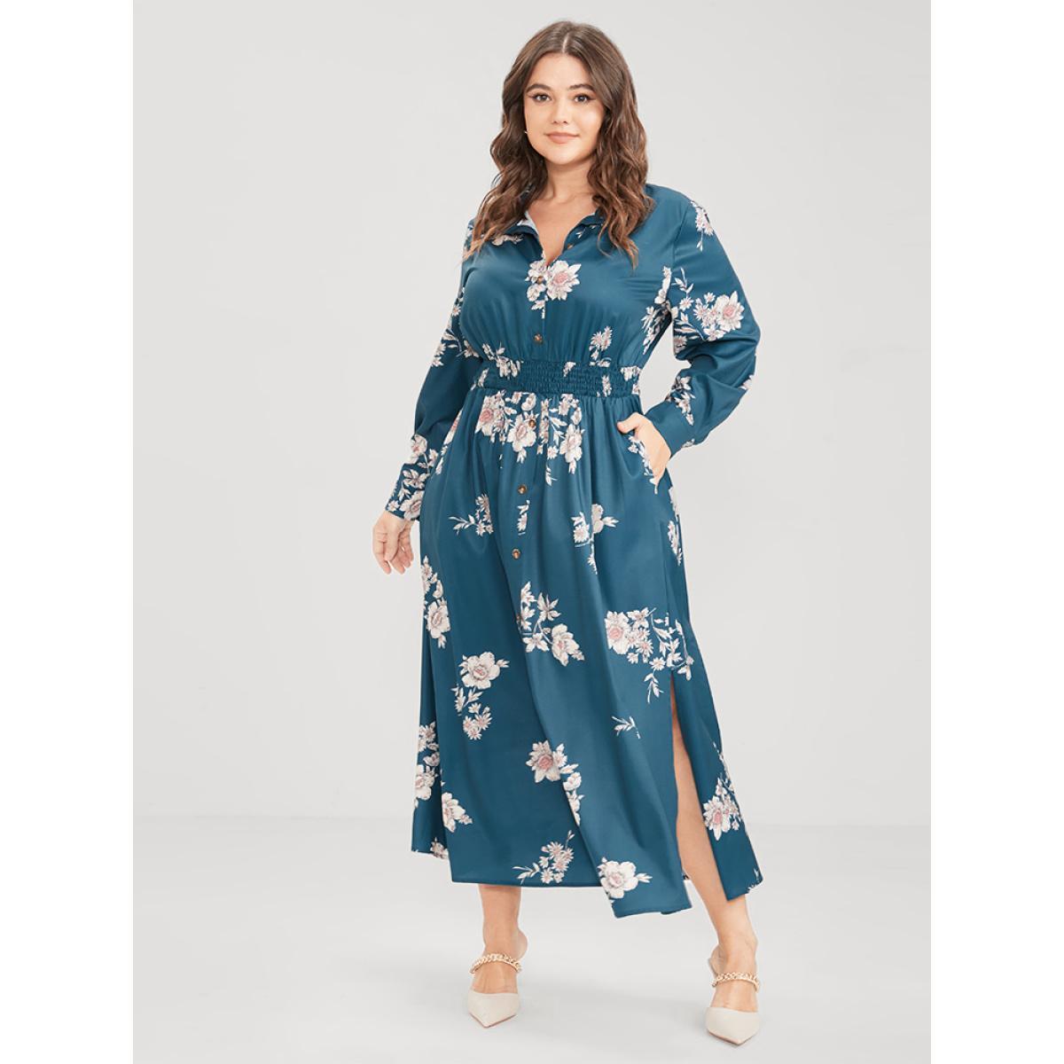 Plus Size Floral Button Up Pocket Split Shirred Shirt Collar Dress Aegean Women Elegant Printed Shirt collar Long Sleeve Curvy Midi Dress BloomChic 28/5X Product Image