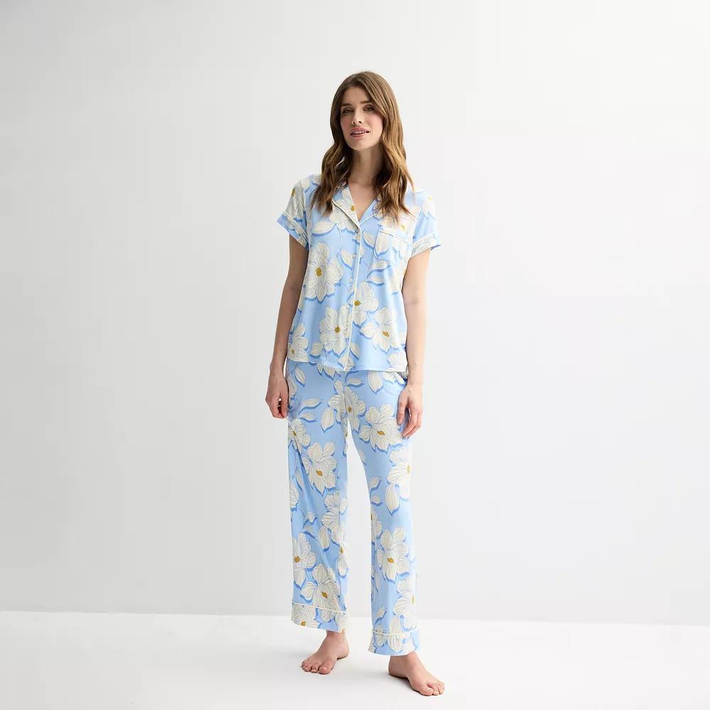 Women's Draper James 2-Piece Printed Cozy Short Sleeve Notch Collar Pajama Top & Pajama Pants Set, Size: Small, Magnolia Shadows Product Image