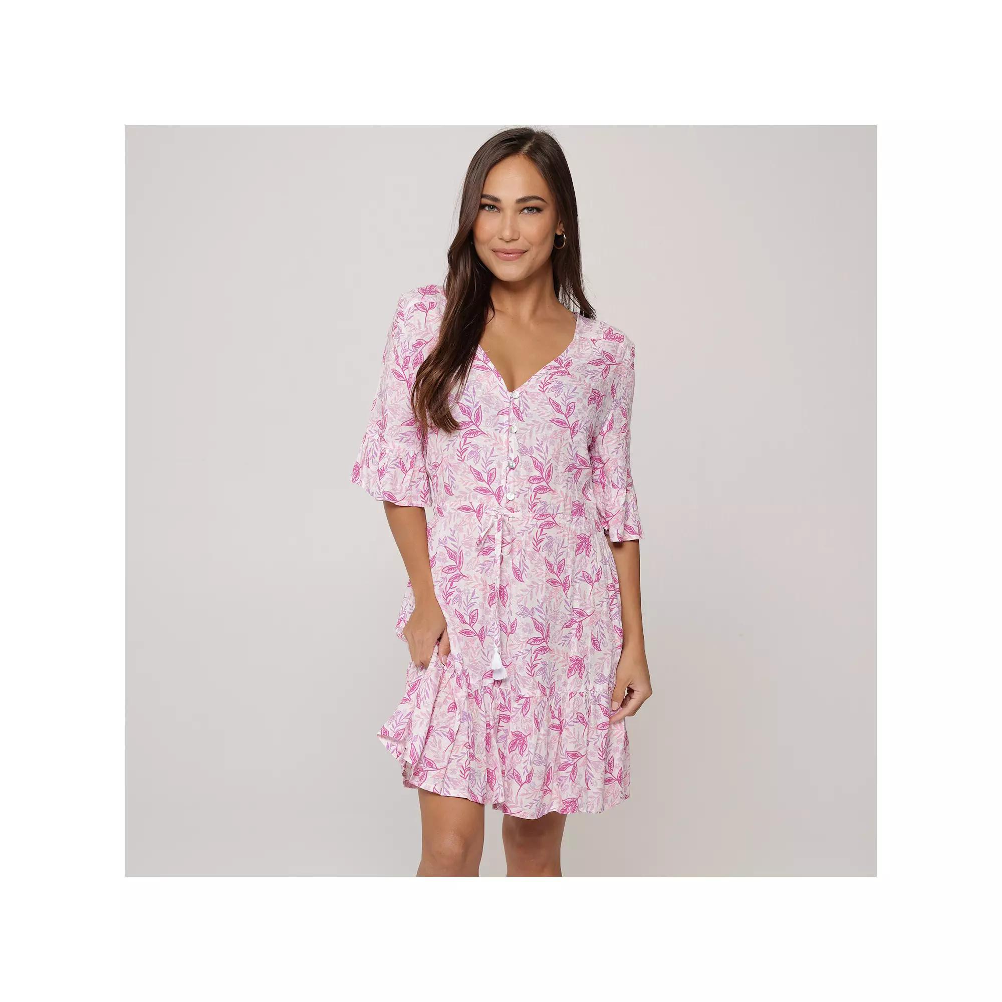 Women's J. Valdi Button Down V-Neck Swim Cover-Up Ruffle Dress, Size: Large, Pink Product Image