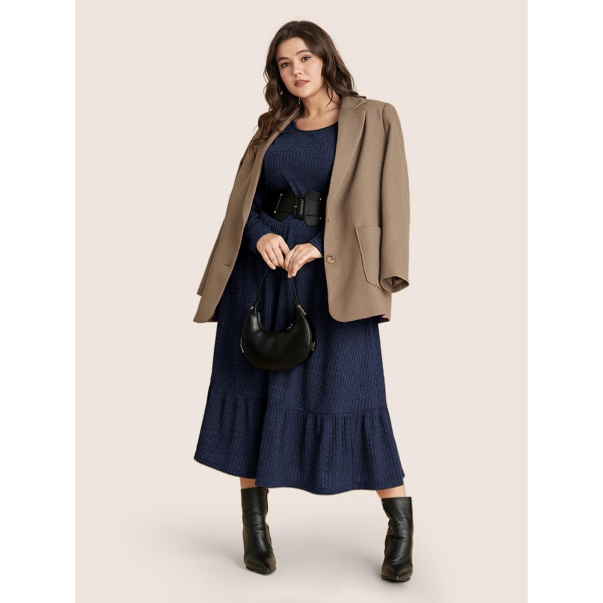 Plus Size Solid Pocket Rib Knit Ruffle Hem Dress Without Belt DarkBlue Women Basics Non Round Neck Long Sleeve Curvy Midi Dress BloomChic 30/6X Product Image
