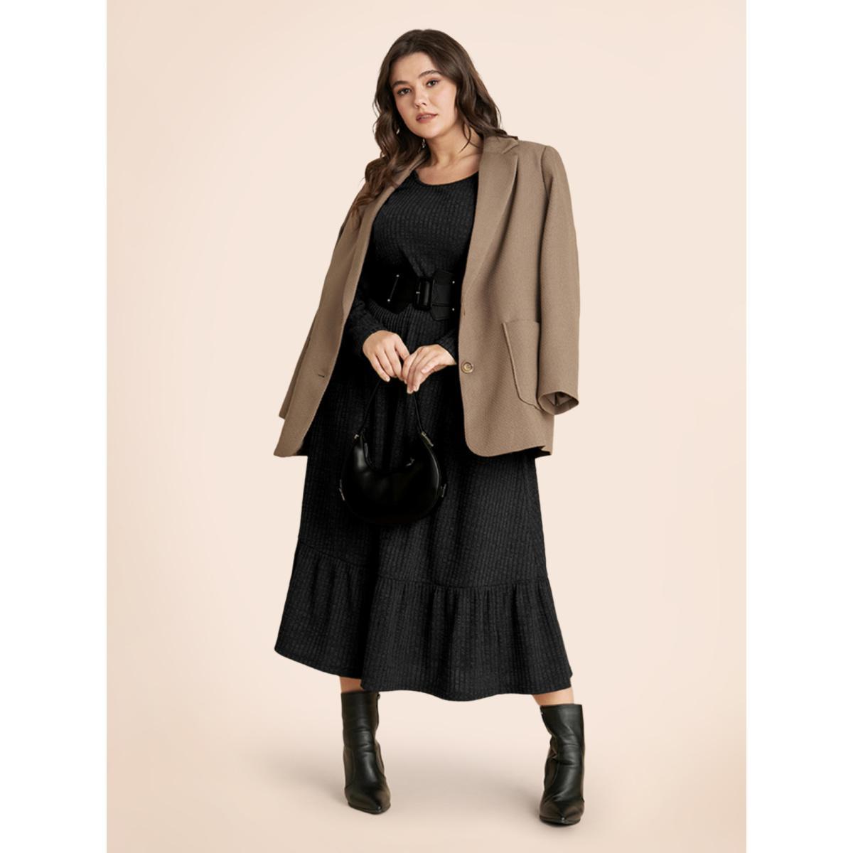 Plus Size Solid Pocket Rib Knit Ruffle Hem Dress Without Belt Black Women Basics Non Round Neck Long Sleeve Curvy Midi Dress BloomChic 14-16/1X Product Image