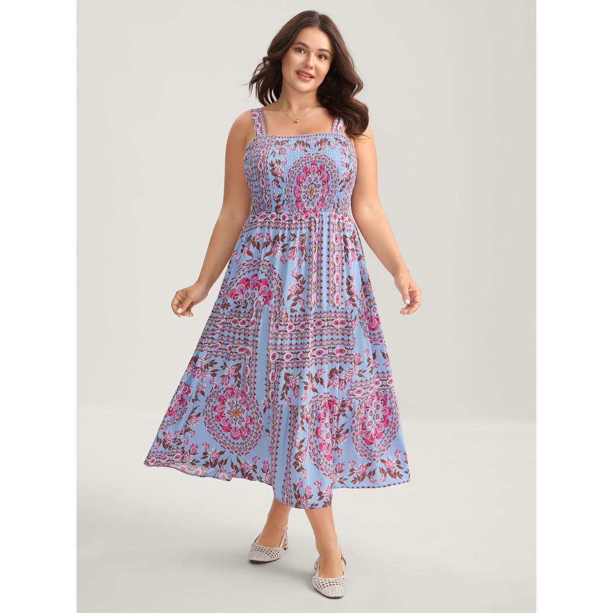 Plus Size Rayon Floral Print Shirred Pockets Midi Dress Stone Women Square Neck Sleeveless Curvy BloomChic 28/5X Product Image