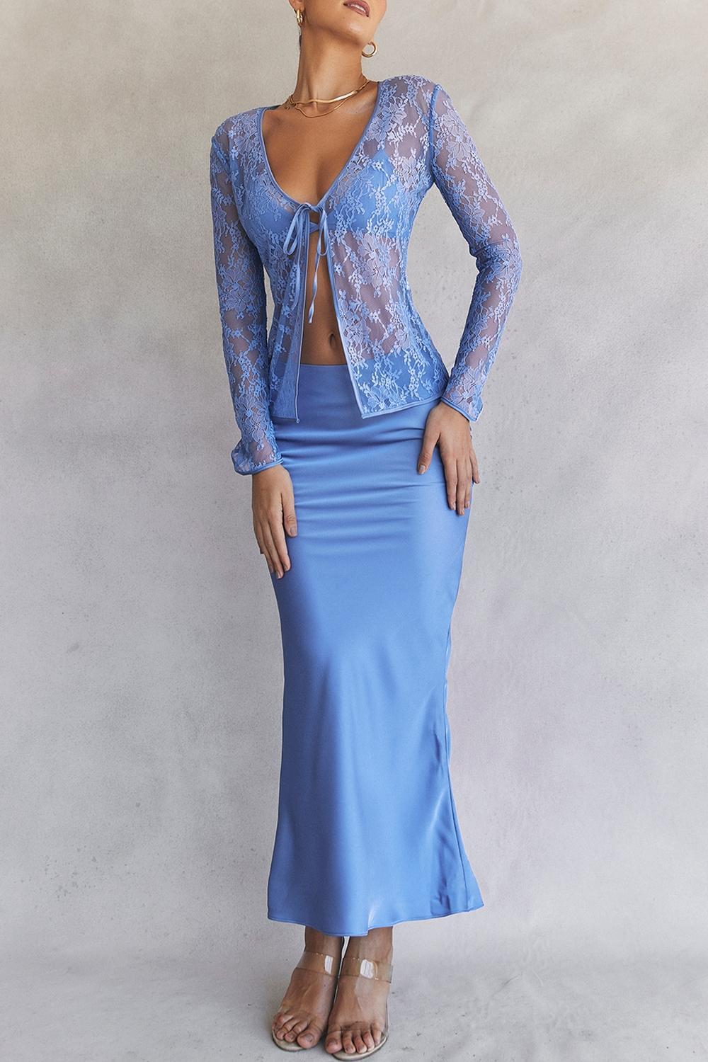 Clara Blue Satin Bias Cut Midi Skirt Product Image