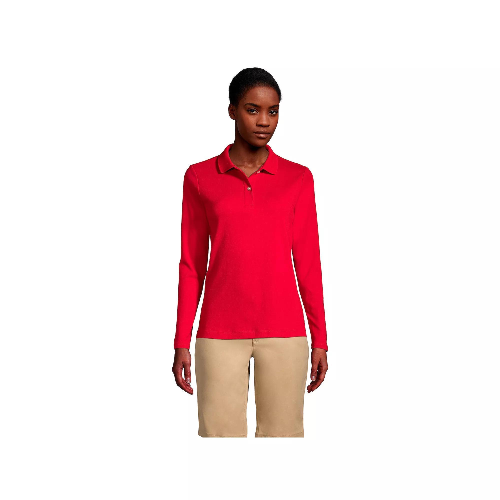 Women's Lands' End School Uniform Long Sleeve 2-Button Interlock Polo Shirt, Size: XS, White Product Image